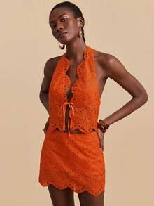 Travachic Women's Halter Neck Embroidered Tie-Front Crop Top And Mini Skirt 2-Piece Set, Fashionable For Dates And Parties - Orange - View 4