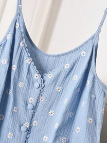 CosyJoli 大码女式褶皱雏菊刺绣单排扣休闲吊带背心，可爱女式上衣，夏季可爱上衣，夏季休闲上衣，田园风春季女式春夏上衣 - 藍色 - 查看 4