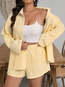 SHEIN Frenchy Bộ quần áo nữ cỡ lớn mùa thu, trang phục đi học, áo sơ mi kẻ sọc cài cúc phía trước với tay áo và quần short có thể điều chỉnh. - Màu vàng - Xem 4