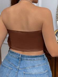 SHEIN Privé Plus Size Pleated Tight Fitting Top, Suitable For Vacation, Dates, Parties, Beach, Spring/Summer - Brown - View 2