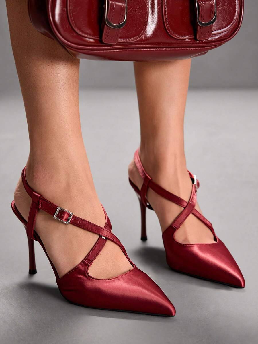 CUCCOO SZL Tacones altos de diseño con hebilla de punta fina para mujer, versátiles para uso diario - Burdeos - Ver 1