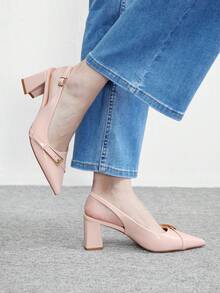 CUCCOO BIZCHIC New Pointed Toe Chunky Heel Pumps For Women, Bowknot Color Block Rivets Closed Toe Fashion High Heels Spring Shoes Spring Break Easter For Christmas Spring Shoes - Light pink. - View 3