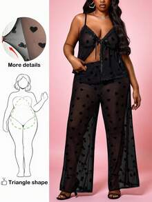Truni Valentine Plus Size Women's Sexy Heart Mesh Pattern Camisole And Wide Leg Pants 2 Pieces Set, Suitable For Dates And Parties, For Pear Triangle Body Shape - Black - View 6