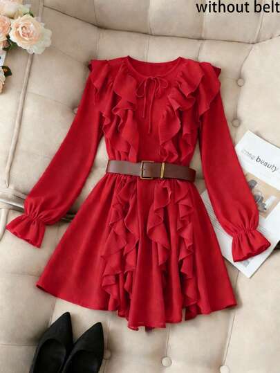 Franclia Vintage Brown Ruffled Hem Allover Print Dress/Waist Cinched Slim Fit Mini Skirt/Elegant & Sweet