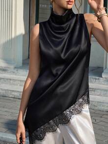 Cévolie Women's Elegant Commuter Solid Color Lace Patchwork Sleeveless Top - Black - View 4