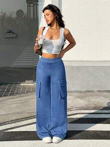 Rivivi Women's Cargo Pocket Wide Leg Loose Casual Versatile Jeans - Blue - View 5