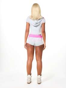 BABYPHAT Inspired Hooded Zip Up Crop Top With Short Sleeves And Pink Script Print - Light Grey - View 5