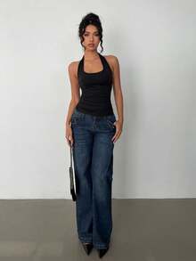 Airlisse 亲肤U领吊带露脐上衣，复古性感修身露背瑜伽背心，新款春夏女士无袖弹力紧身吊带上衣，美式性感吊带大水滴领背心，可叠穿或外穿，黑色 - 黑色 - 查看 3