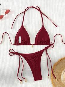 Swim Basics Women's Burgundy Halter Tie Triangle Bikini Set,Summer Casual Beach Holiday Vacation Holiday Solid Color Modest Swimwear Set - Burgundy - View 7