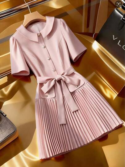 GlowEve CURVE Plus Size Dress With Short Sleeves, Puff Sleeves, Peter Pan Collar, Ruched Hem, And Waist Tie Design