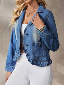 EMERY ROSE Women's Casual Vacation & Commute Lapel Collar Ruffle Hem Denim Jacket, Spring/Autumn - Blue - View 6