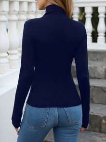 EMERY ROSE Women's Casual Rib Knit Blue Long Sleeve High Neck Plus Size T Shirt - Blue - View 2