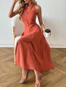 SHEIN LUNE 女士休闲纯色无袖长连衣裙，适合春夏度假、日常通勤和时尚穿着。 - 紅木色 - 查看 5