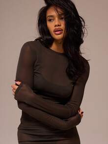 MUSERA ESSENTIALS Crewneck Long Sleeve Sheer Mesh Top Winter Spring Night Out Sexy Cute Mesh Fitted Essential - Army Green - View 2