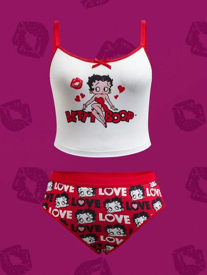 Betty Boop x SHEIN Plus Size Comfortable Cartoon Portrait Pattern Camisole And Briefs Set, Summer