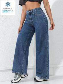 SHEIN ICON Quần jeans ống rộng màu trơn, cạp xéo, kiểu dáng thường ngày, đa năng. - Màu xanh lam - Xem 7
