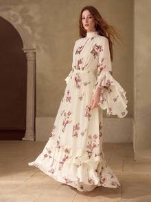 MOTF PREMIUM WOMEN'S FLORAL PRINT LAYERED RUFFLE HEM MID-LENGTH SLEEVE MOCK NECK MIDI DRESS, SPRING/SUMMER - Apricot - View 4