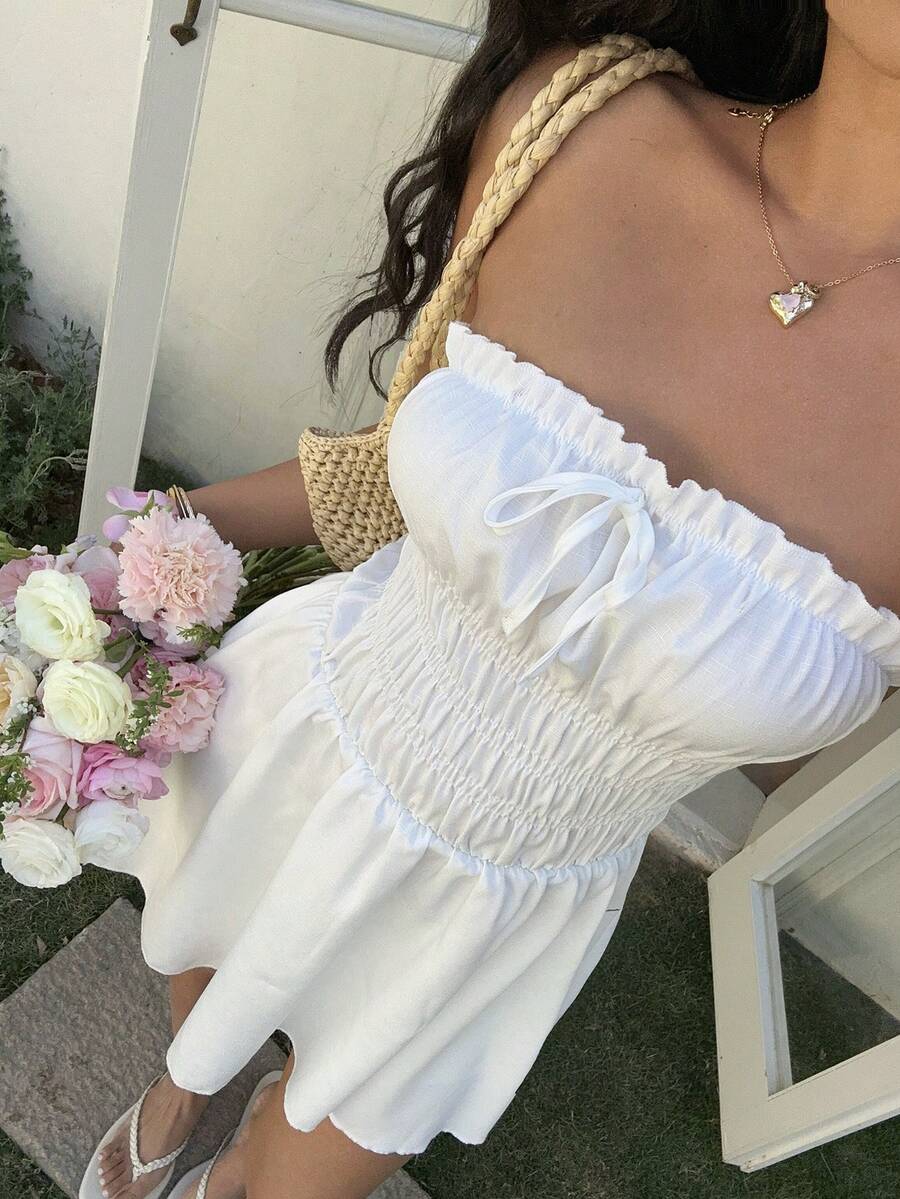 Sunnyshic 女士白色无肩带蝴蝶结连体连衣裙 - 白色 - 查看 1