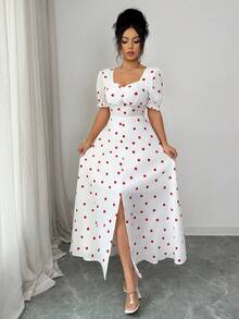 Rafferiza French-Style High-End Polka Dot Dress With Puff Sleeves, Fitted Waist, Sweetheart Neckline, Long And Elegant Style For Women. Summer Dress. - White - View 5