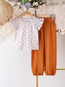2pcs/Set Young Girl Fashionable Floral Print Cap Sleeve Top And Brown Drawstring Pants Casual Lightweight Summer Outfit - Multicolor - View 1