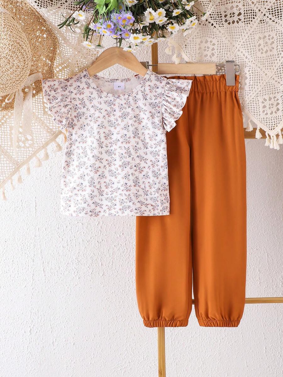 2pcs/Set Young Girl Fashionable Floral Print Cap Sleeve Top And Brown Drawstring Pants Casual Lightweight Summer Outfit - Multicolor - View 1