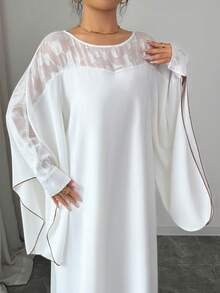 Rafferiza Women's White Solid Color Flat Fabric Patchwork Jacquard Contrast Color Loose Long Sleeve Round Neck Casual Commuter Robe - White - View 4