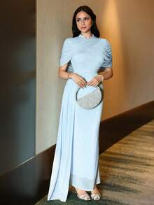 Feyla 女士优雅纯色褶皱连衣裙，夏季 - 藍色 - 查看 1