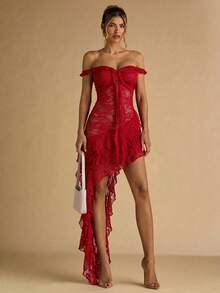 SHEIN BAE Women's Green Spaghetti Strap Spaghetti Strap Backless Ruffle Trim 3D Floral Lace Dress, Elegant Resort Dress, Summer Dress - Red - View 2