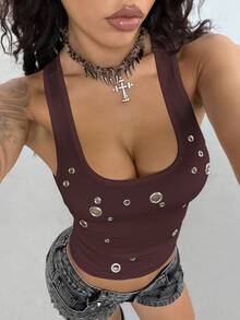 StreetHx Women's Punk Studded Cropped Fitted Tank Top - Purple - View 1