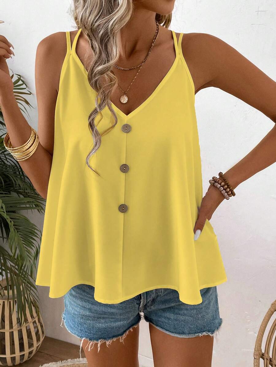 SHEIN Áo hai dây nữ dáng rộng, thoải mái, thích hợp mặc hàng ngày đi làm hoặc đi nghỉ mát, có cúc trang trí, màu trơn, mùa hè. - Màu vàng - Xem 1