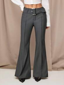 SHEIN PETITE 返校季灰色弹力斜纹纯色条纹喇叭休闲裤，商务休闲女装，复古风格女装，办公室女装，旅行机场休闲裤，秋季女装知性长裤 - 灰色 - 查看 4