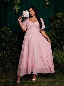 Roveilla 大码女士优雅公主宫廷风长裙，超长荷叶边袖，蝴蝶结系带，A字廓形，适合度假、婚礼、伴娘、派对等场合，纯粉色 - 粉色 - 查看 6