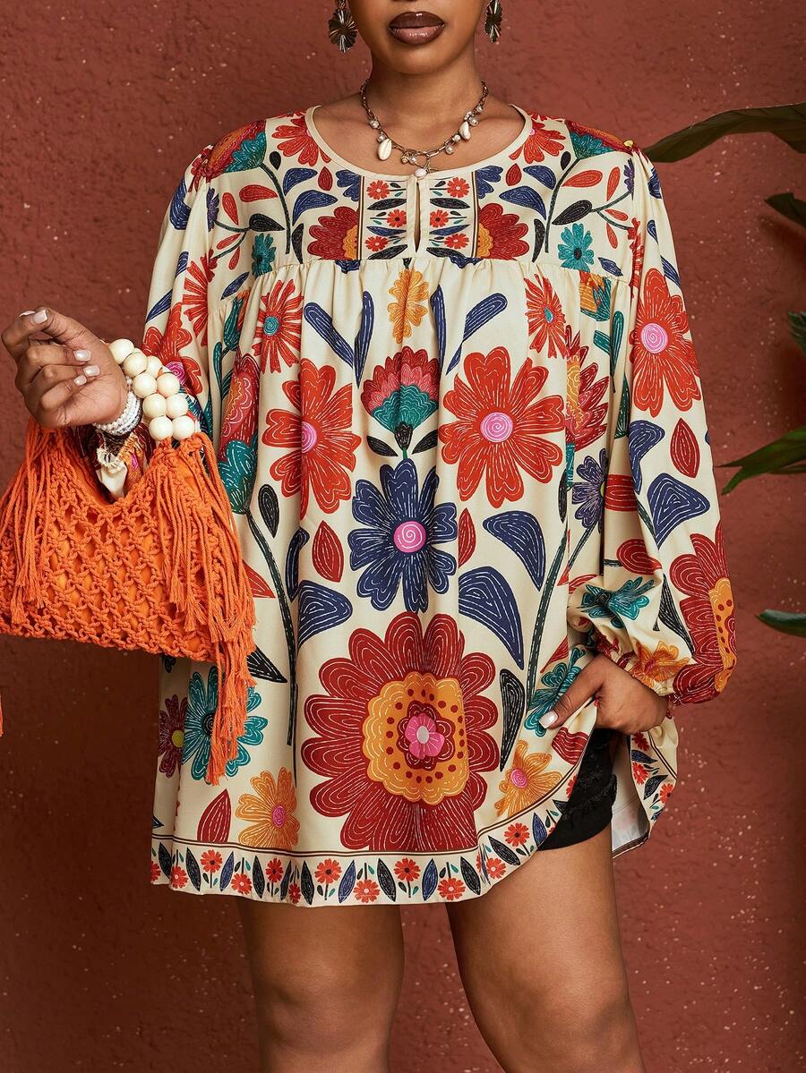 SHEIN CURVE+ 加大码/情人节/大码女式长袖圆领系带热带风情图案衬衫 - 彩色 - 查看 1