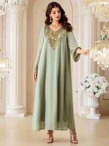Al Najma 女士优雅派对长裙，V领亮片拼接宽松阿拉伯传统长袍 - 薄荷綠 - 查看 3