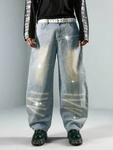 ROMWE MEN 男士带口袋纽扣水钻装饰时尚百搭休闲阔腿牛仔裤 - 中等水洗藍 - 查看 5