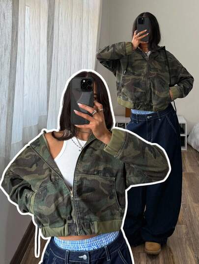 SHEIN Tall Women's Casual Camouflage Street Style Hooded Denim Short Jacket