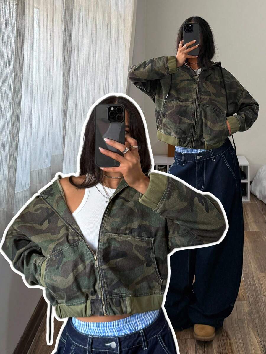 SHEIN Tall Áo khoác denim ngắn có mũ trùm đầu phong cách đường phố rằn ri thường ngày dành cho nữ - Nhiều màu - Xem 1