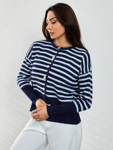 SHEIN Cottnline 女用條紋羈扣開襟衫 - 淺藍色 - 查看 3