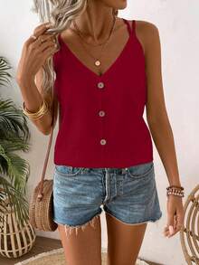 EMERY ROSE 女士纯色纽扣设计休闲宽松吊带背心 - 酒紅色 - 查看 6