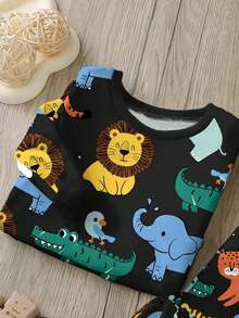 SHEIN 男婴休闲简约保暖舒适卡通动物可爱风格狮子恐龙家居修身圆领舒适长袖睡衣套装，适合秋冬季穿着 - 彩色 - 查看 3