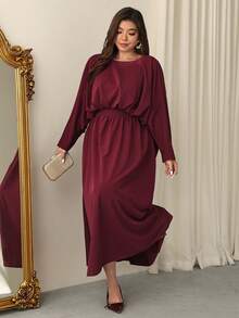 Firerie Vestido largo de línea A con cuello redondo, cintura fruncida, cintura alta, manga de murciélago y manga larga, elegante, exquisito, romántico y encantador para fiesta de Año Nuevo, baile, cita de San Valentín, talla grande, color morado rojo - Rojo violeta - Ver 7