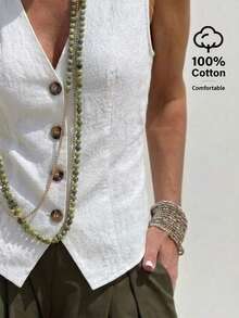 Balvessa Áo vest nữ bằng cotton lanh màu trơn, kiểu dáng thường ngày, đa năng, cài một hàng khuy. - Màu be - Xem 4