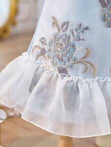 Vestido corto de manga corta con bordado floral de organza elegante y lindo para niña - Multicolor - Ver 7