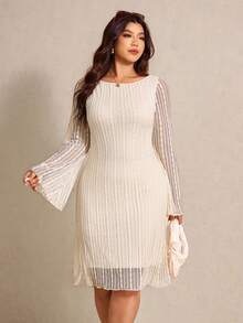 Elaquor Plus Size Elegant Minimalist Solid Color Round Neck Textured Dress, Autumn Cream Mesh For Women Spring Outfit Fall - Beige - View 5