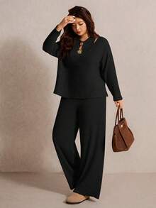 SHEIN Elaquor Bộ đồ thể thao cỡ lớn thanh lịch dành cho người đi làm, trang trí kim loại, gồm áo không tay và quần. - màu đen - Xem 6
