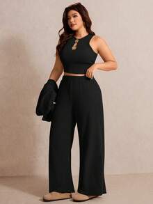 SHEIN Elaquor Bộ đồ thể thao cỡ lớn thanh lịch dành cho người đi làm, trang trí kim loại, gồm áo không tay và quần. - màu đen - Xem 7