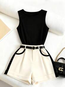 SHEIN Franclia Fashionable Casual Vacation Vibe Versatile Charming Urban Business Office Commute Playful Valentine's Day Date Party Beach Everyday Wear Sleeveless Crew Neck Knit Top With Contrast Trim Shorts Women 2-Piece Set (With Belt) - Multicolor - View 1