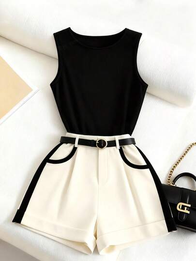 SHEIN Franclia Fashionable Casual Vacation Vibe Versatile Charming Urban Business Office Commute Playful Valentine's Day Date Party Beach Everyday Wear Sleeveless Crew Neck Knit Top With Contrast Trim Shorts Women 2-Piece Set (With Belt)