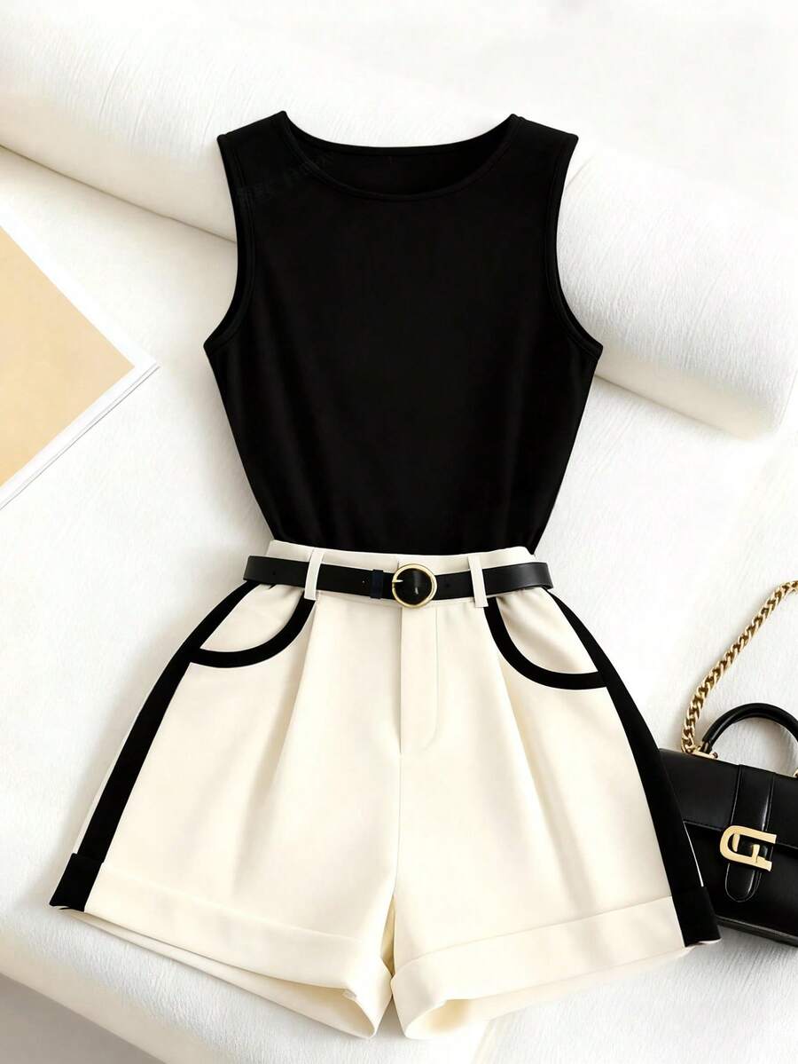 SHEIN Franclia Fashionable Casual Vacation Vibe Versatile Charming Urban Business Office Commute Playful Valentine's Day Date Party Beach Everyday Wear Sleeveless Crew Neck Knit Top With Contrast Trim Shorts Women 2-Piece Set (With Belt) - Multicolor - View 1