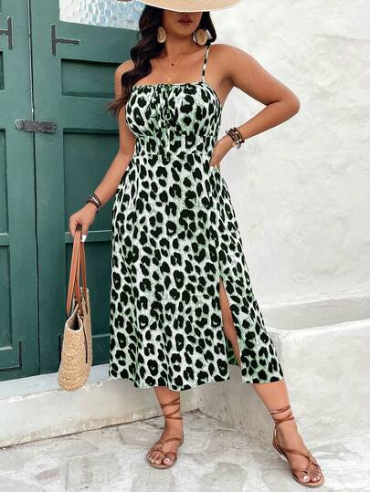 SHEIN Frenchy Plus Size Women Leopard Print Side Slit Hem Front Tie Strap Dress